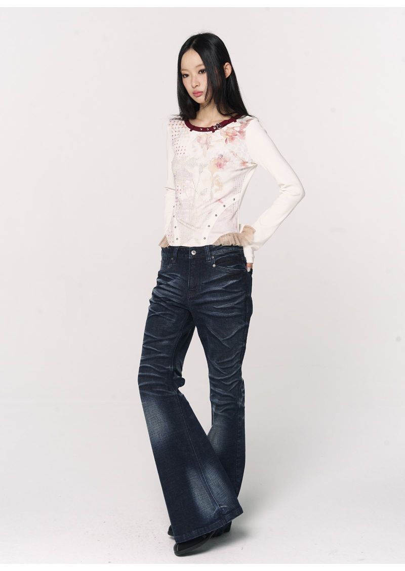 CONFUN Design sense three-dimensional cat whiskers, aged washed flared jeans style