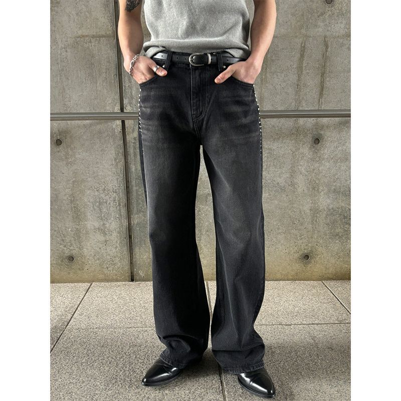 [Unisex] stud semi wide denim pants(2color)