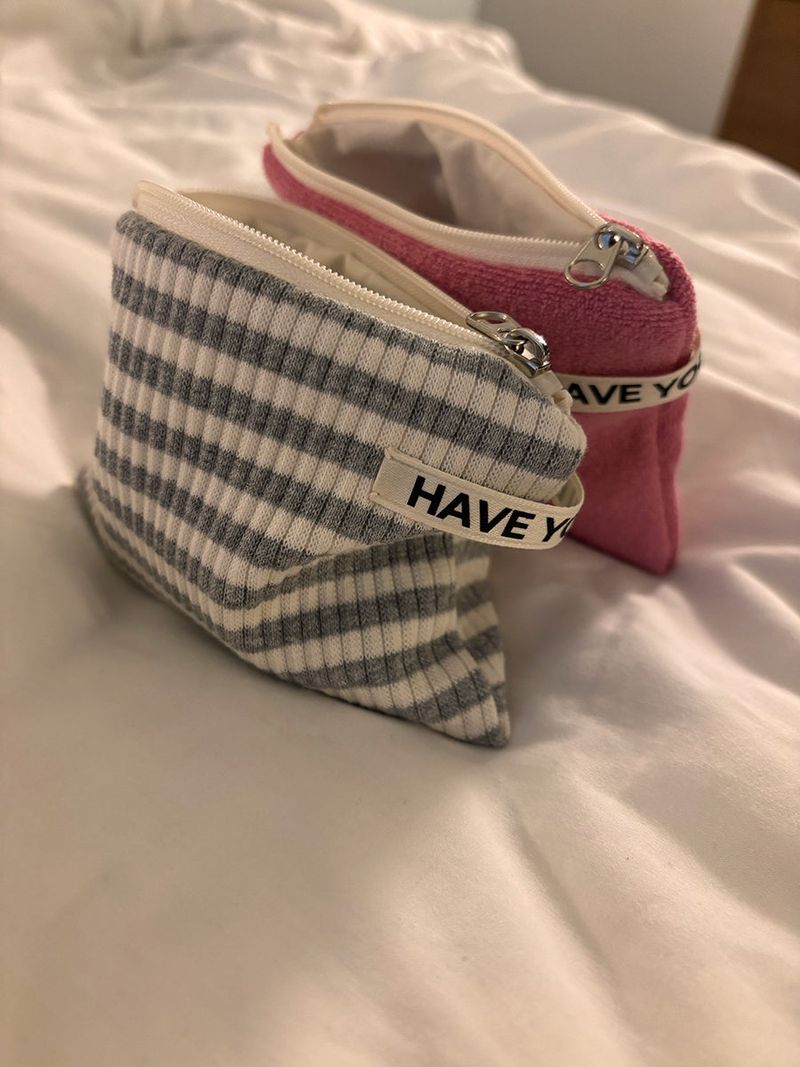 Pale ribbed stripe flat pouch - gray , S size