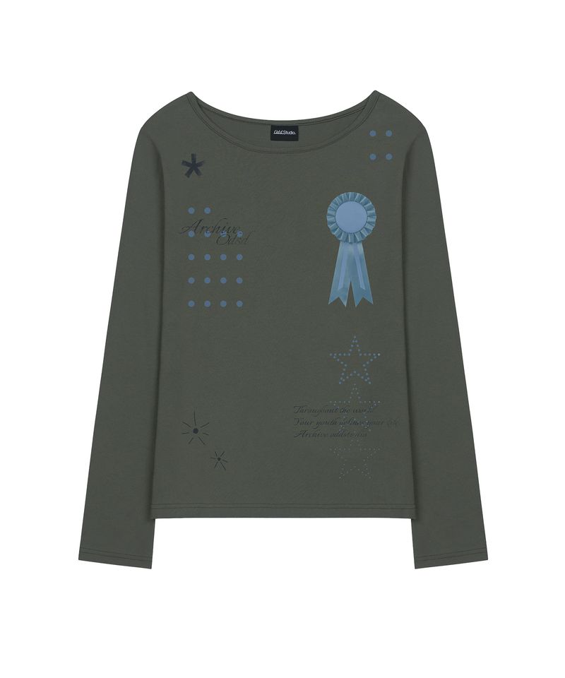 Rosette Graphic Boat Neck Long Sleeve - KHAKI