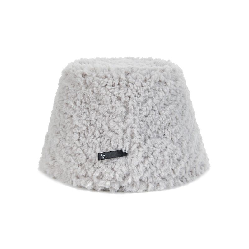 Fur Long Label Boucle Drop Bucket Hat Gray
