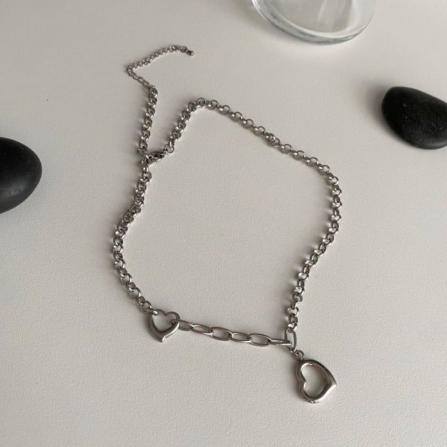 cuh Twin Heart Bold Chain Choker Long Necklace