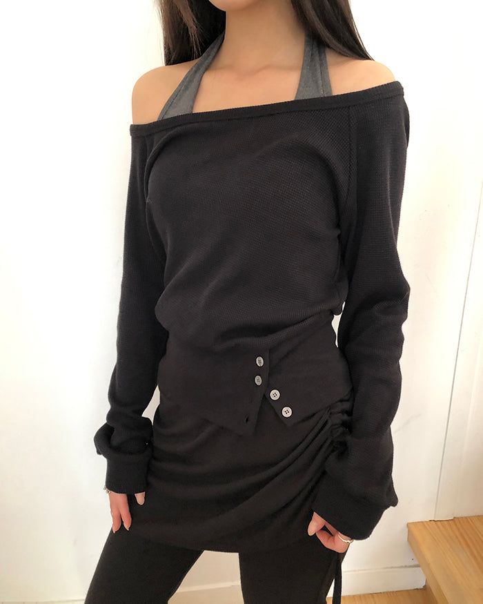 Hamin Halter Waffle Off-Shoulder Sweatshirt Set