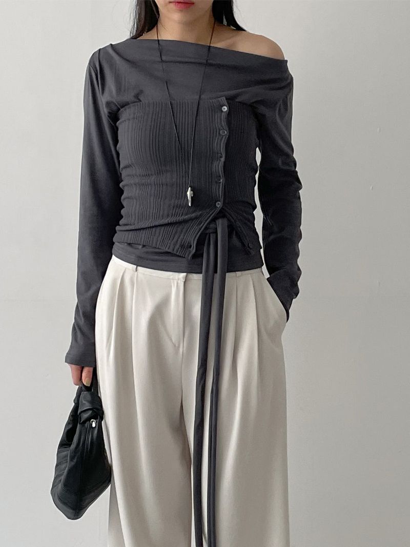 Boat Neck Shirring Wrap T-Shirt