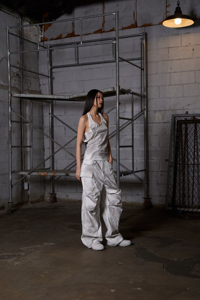 Dirty Washed Wide Cargo Denim Pants - White