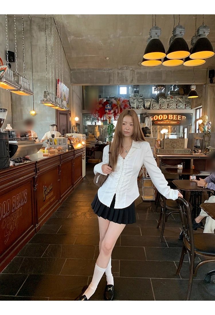 White V-neck Frill Style Long-Sleeved Shirt