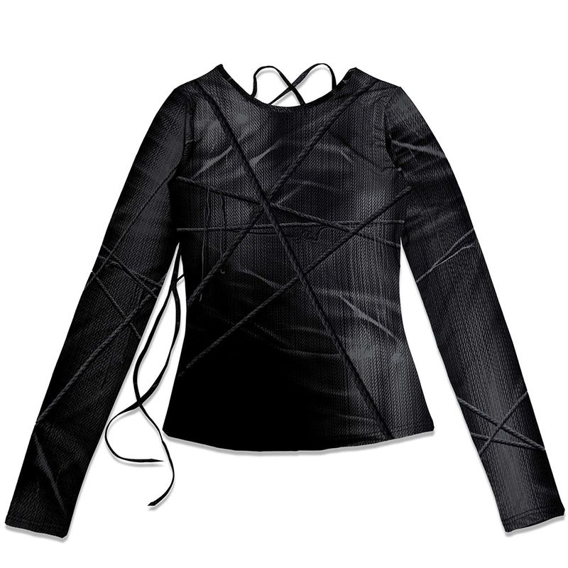 SCATTERED STRING KNIT PRINT TOP . BLACK