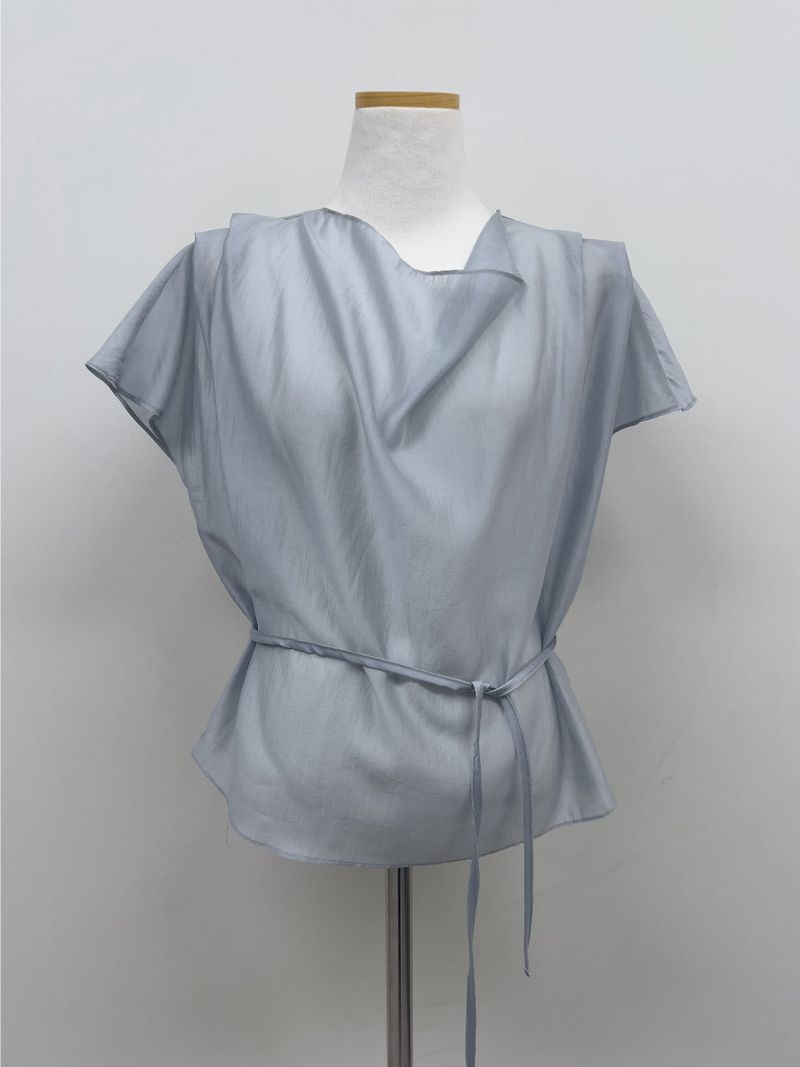 [Strap SET] Draped Shirred See-through Short Sleeve Blouse