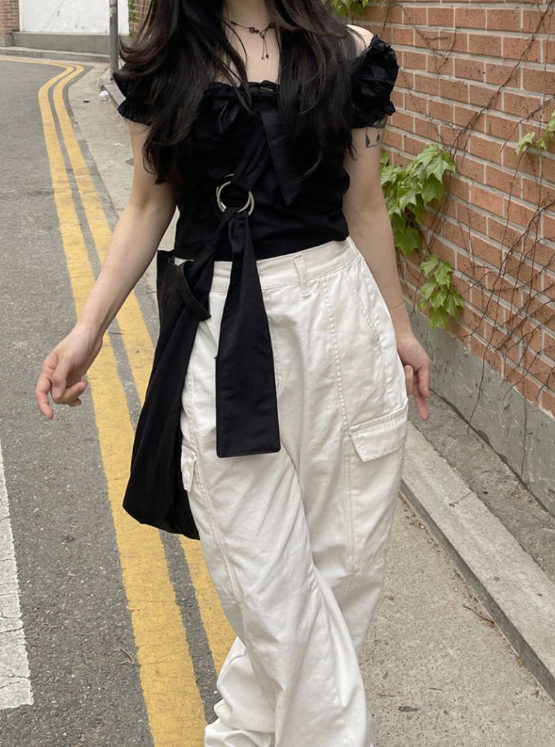 Stitch Wide Cotton Cargo Pants