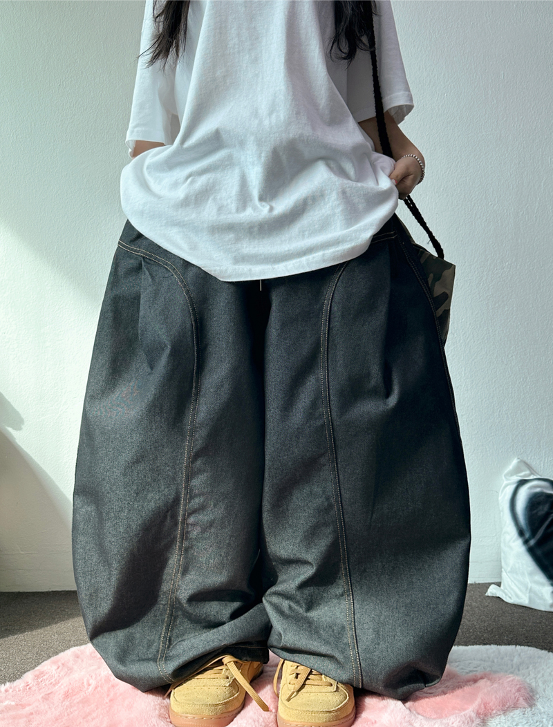 FORMAL CAVE FRONT PLEAT DENIM STRING BALLOON PANTS 💙🩶🖤 - 3 COLORS