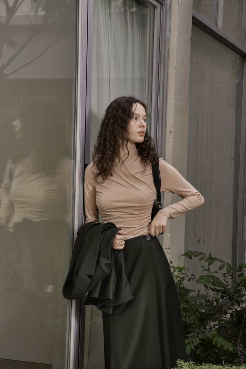WOOL TWILL SETUP SKIRT_DEEP KAHKI