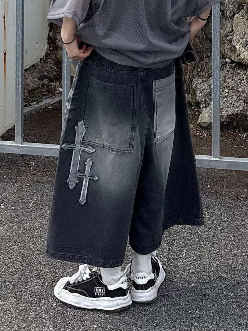 cross washing denim half pants