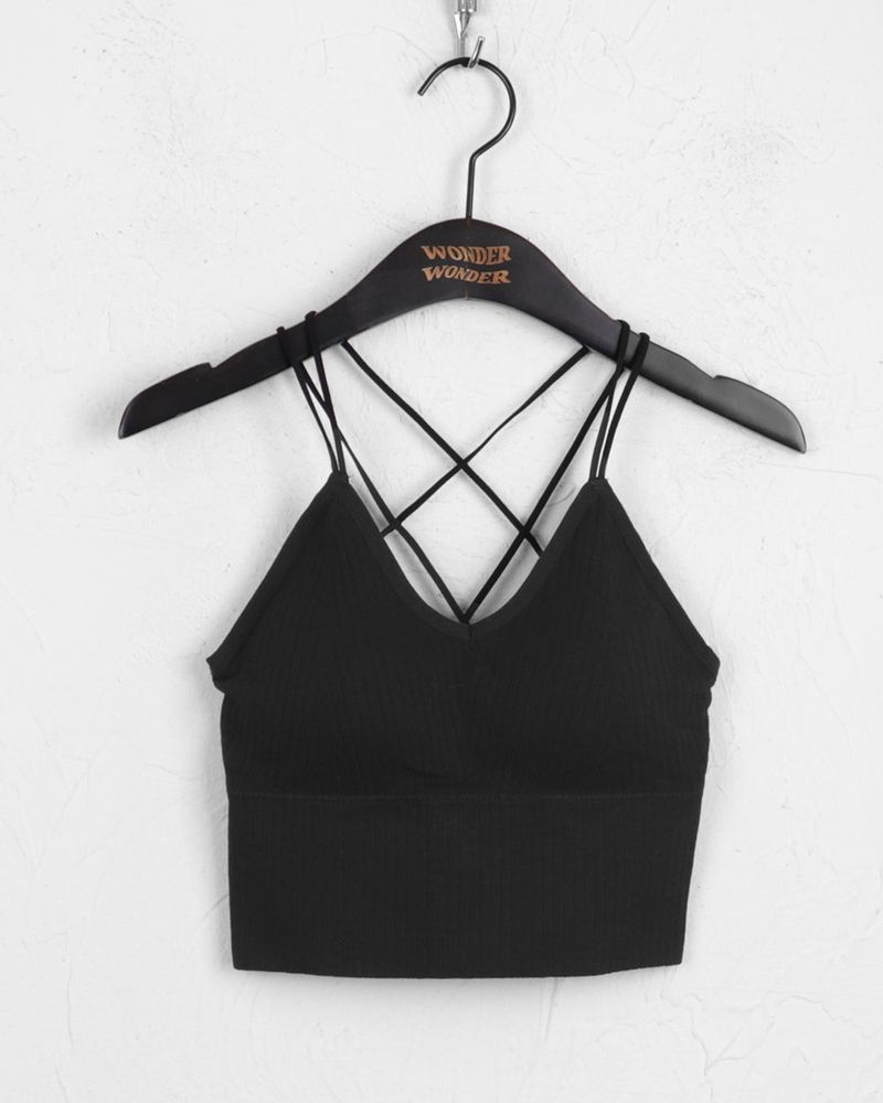 [Cap built-in] Hiret two-line back strap point ribbed string tank top sleeveless
