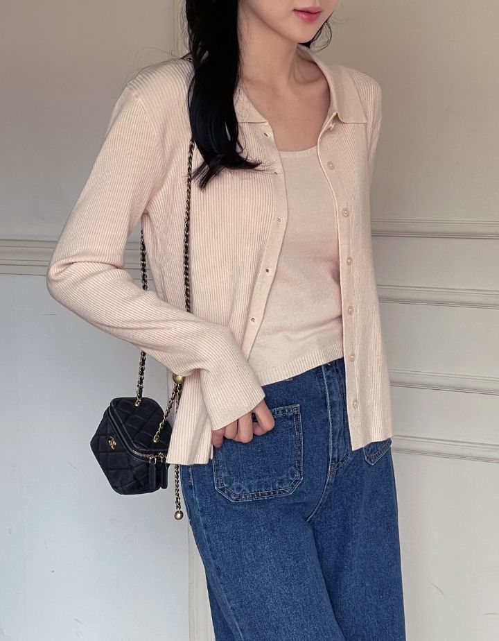 Nels Sleeveless Collar Knit Cardigan Set