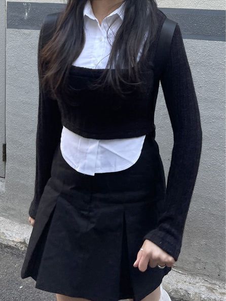 School Look Shirt Cardigan Layered Set