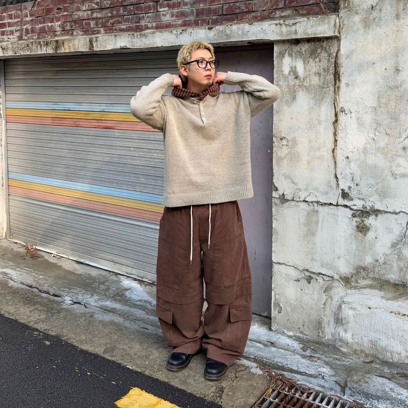 Wide Peach-Finish Double-Knee Balloon Pants