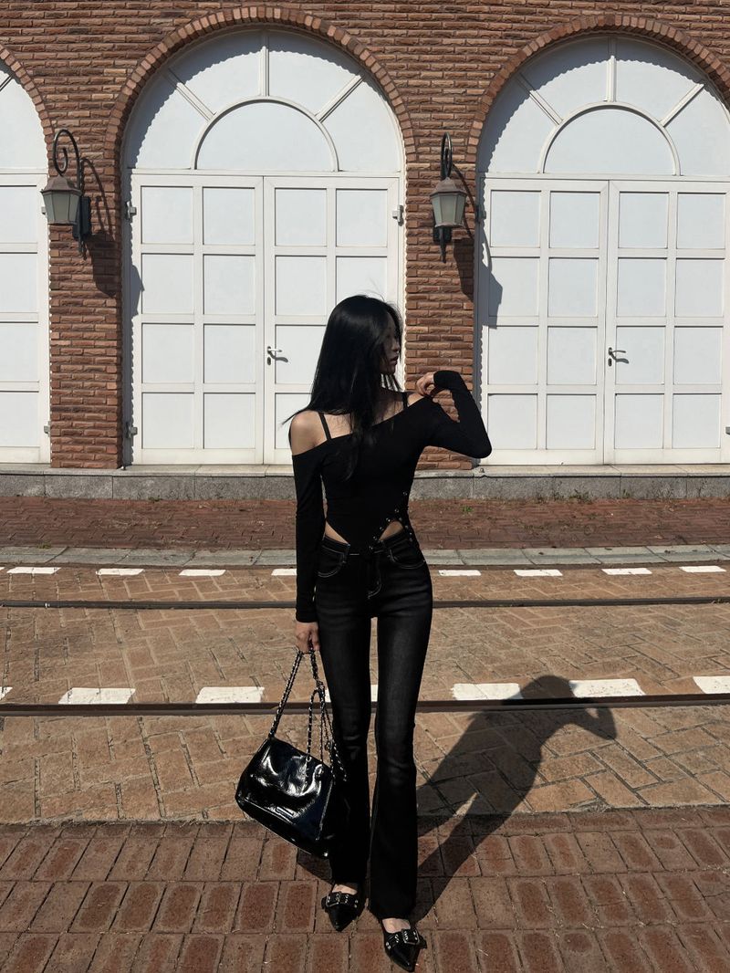 Color combination stitch gradient washed high waist spandex bootcut pants (Black)