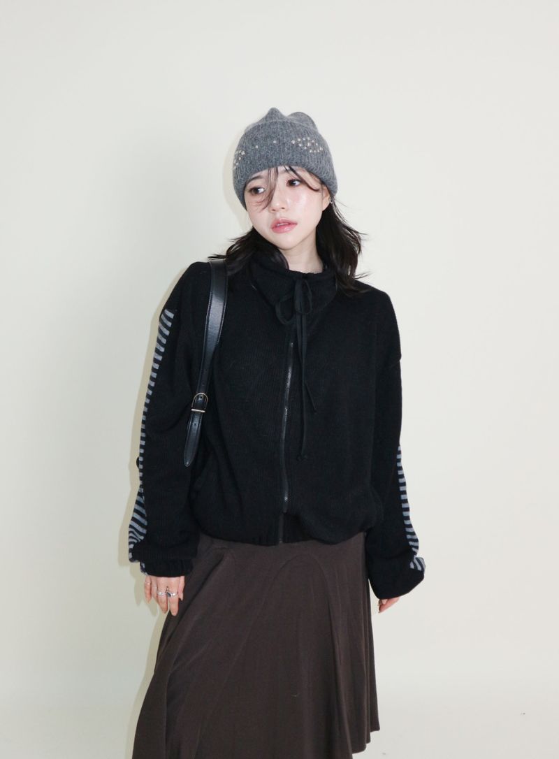 Hakata Stripe Coloring String Knitwear Zip-Up