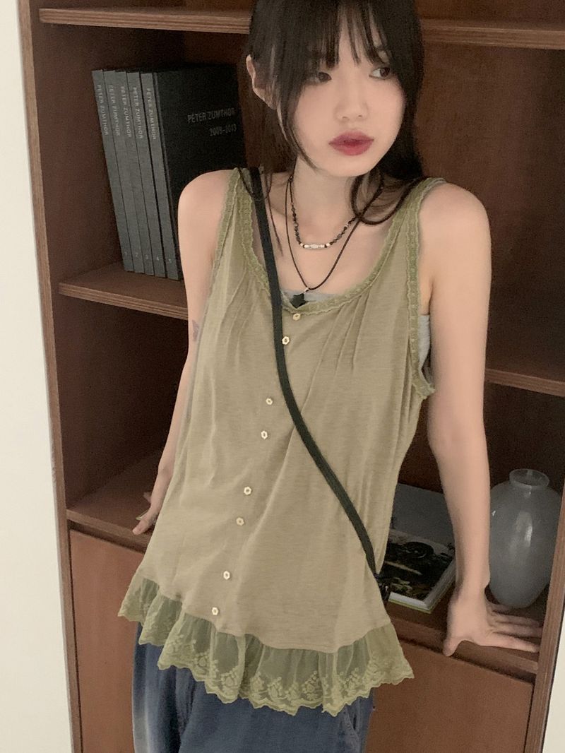 WONDER WONDER(ワンダーワンダー)の「Pohi Vintage Lace Wood Button Sleeveless(Tops)」