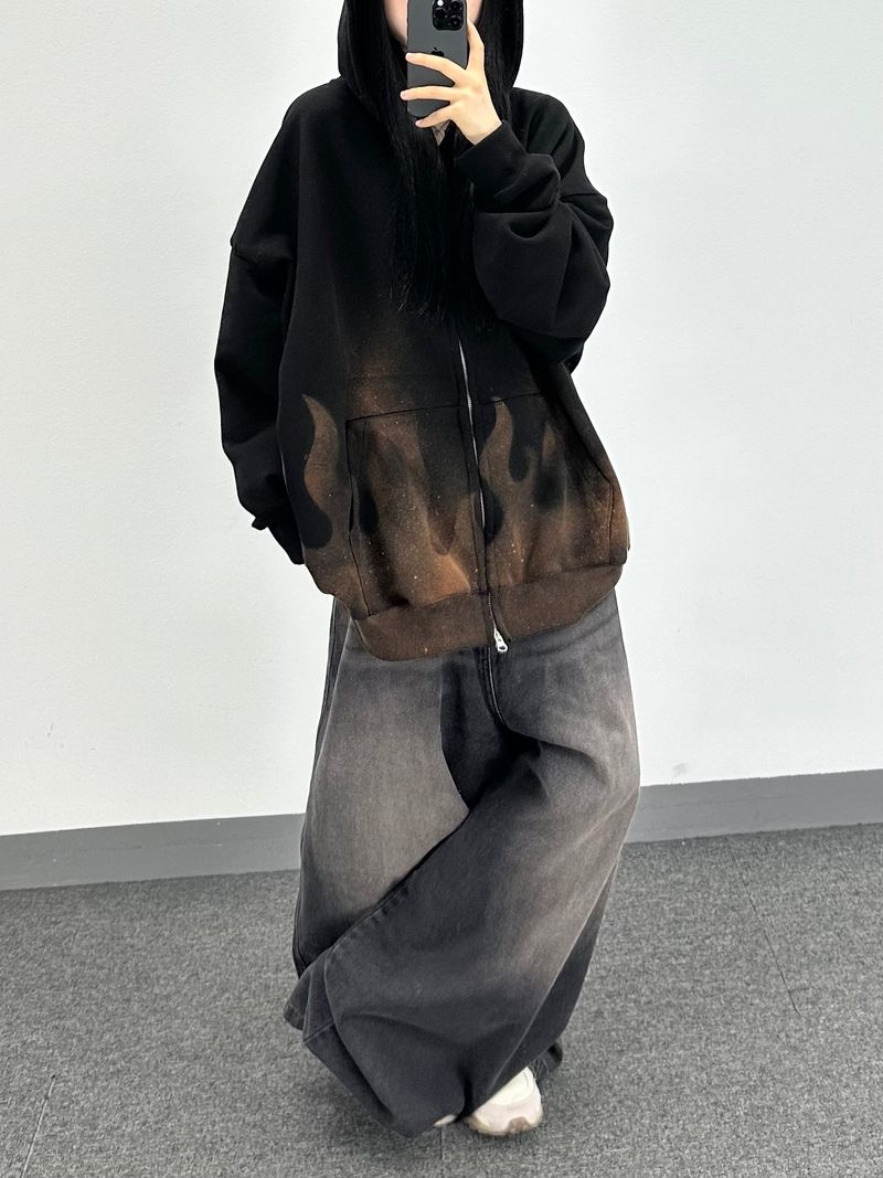 flame washed hooded zip-up
