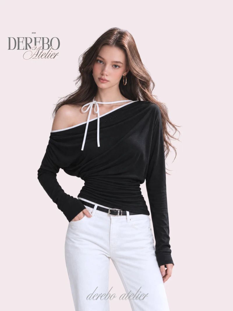 One open-shoulder halter strap long-sleeve tee 