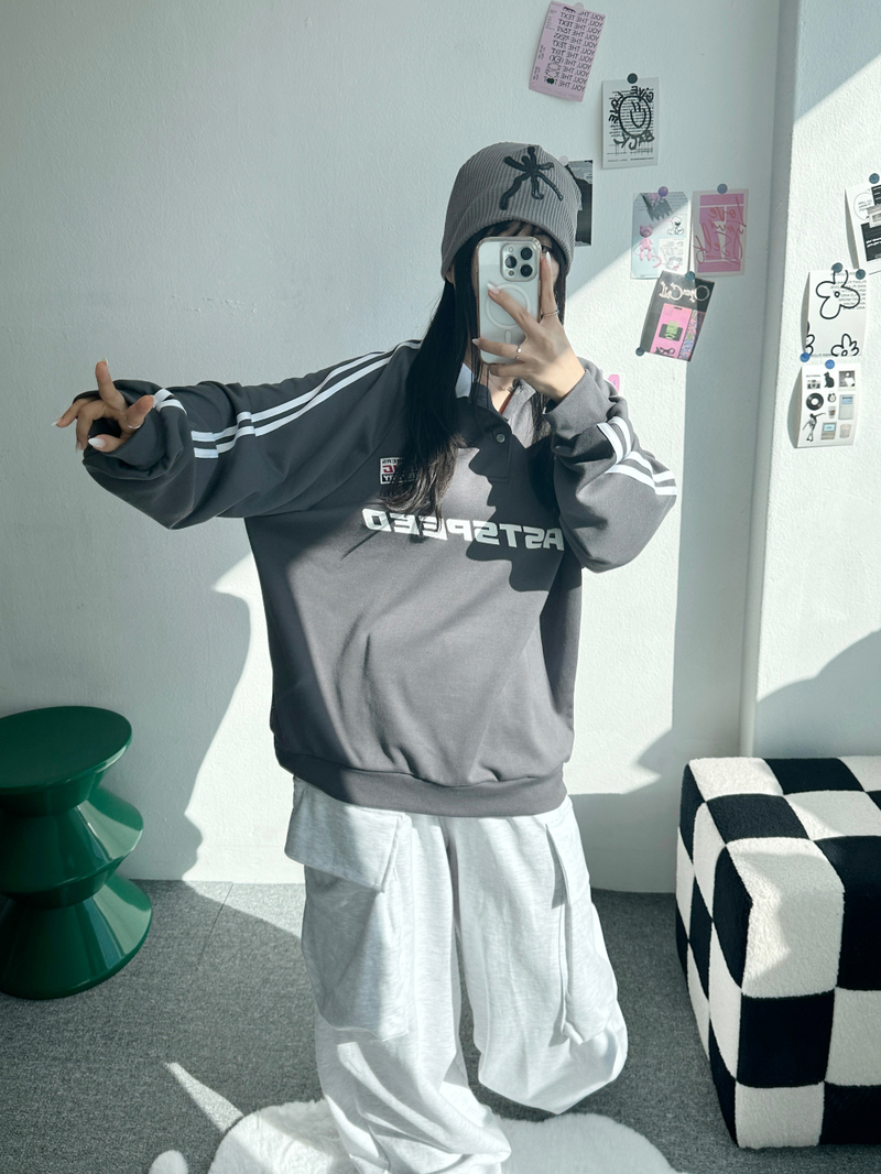 RAGLAN THREE-STRIPE COLLAR SWEATSHIRT🖤🩶🤍 - 3 COLORS