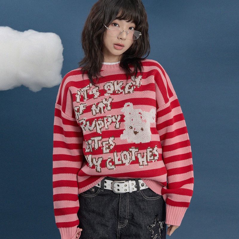 WaiKei（ワイケイ）の「Stripe Puppy Graphic Knit（Tops）」