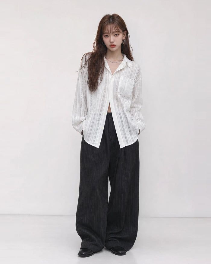 (UNISEX) Pintuck Stripe Wide Slacks