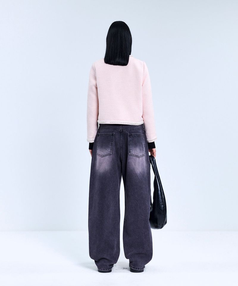 85-VIVAJ049 Line Beads Crop Tweed Jacket Pink