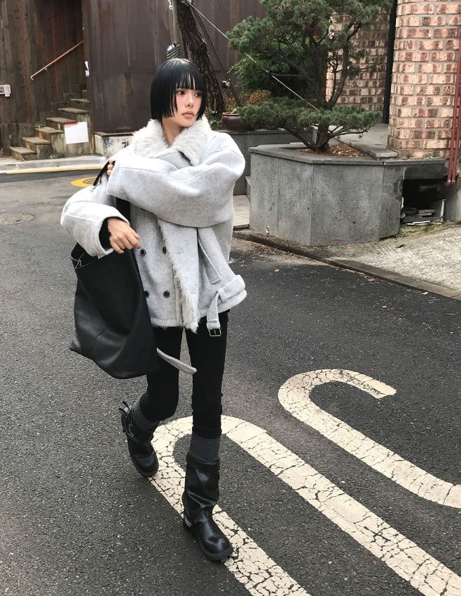 (3oz Quilting) FUR-COLLAR DOUBLE SHORT COAT
