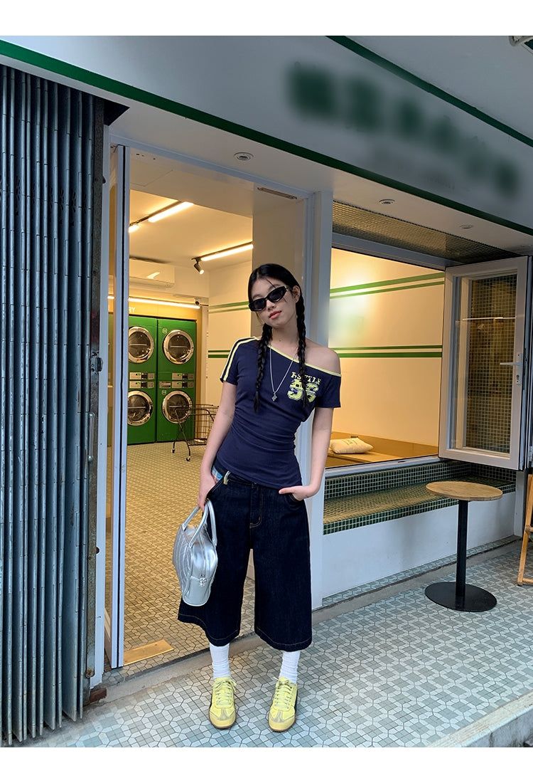 Checked pocket dark blue wide cropped denim
