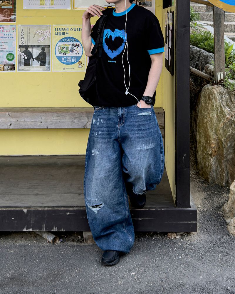Part Blue Wash Distressed Denim
