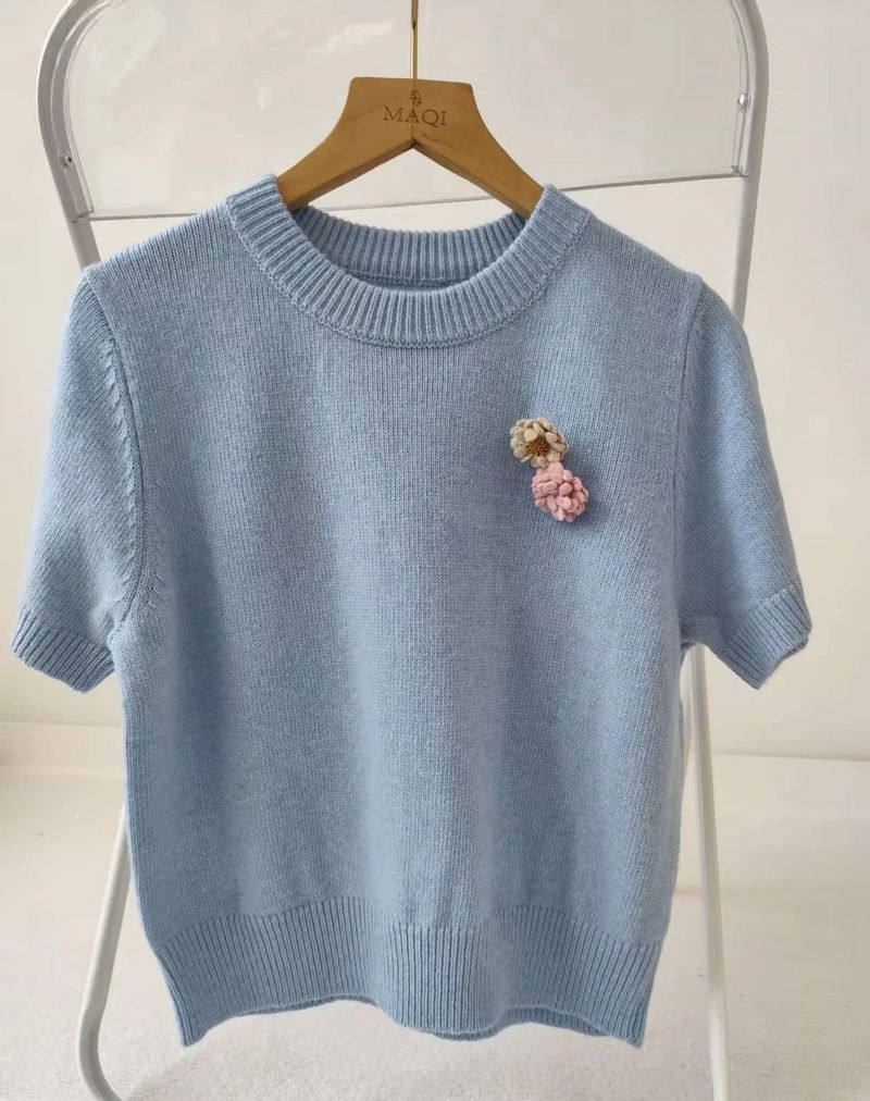 [1+1 Special] Tours Flower Decor Round Neck Wool Short Sleeve Knit
