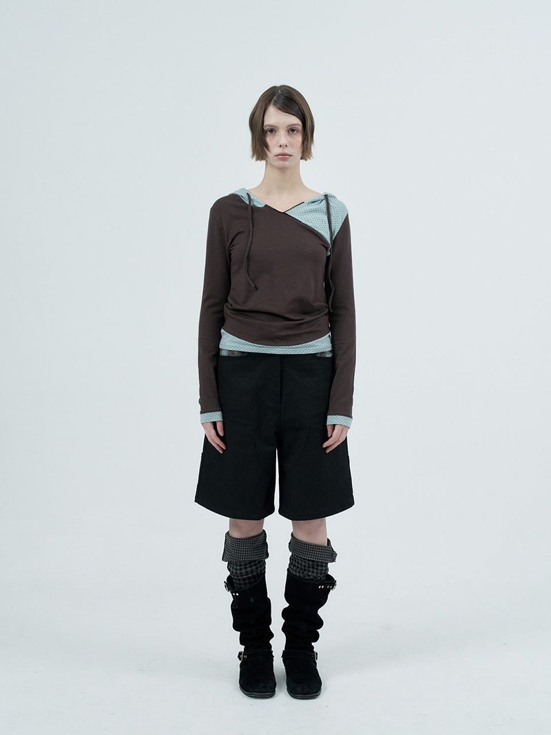 dot wrap layered hoodie / brown