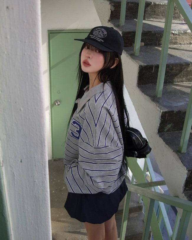 Arc collar patch stripe balloon sweatshirt