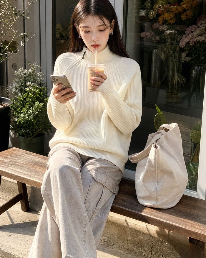 (UNISEX) Shoulder Half Zip-Up Raglan Knit