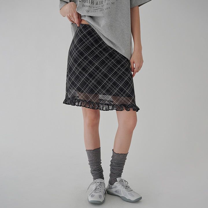 [Mochein] Chiffon Check Frill Midi Skirt - 2 Colors