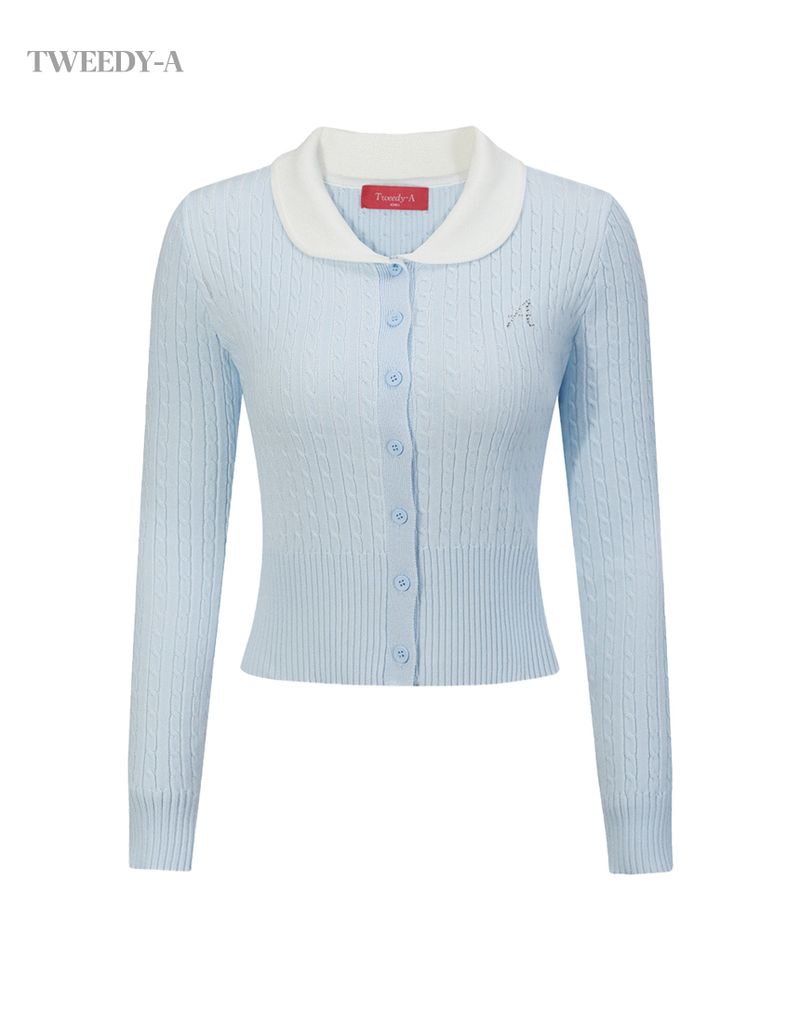 TWEEDY-A（ツウィーディア）の「Stella A Hotfix Twisted Collar Knitwear Cardigan BLUE（Tops）」