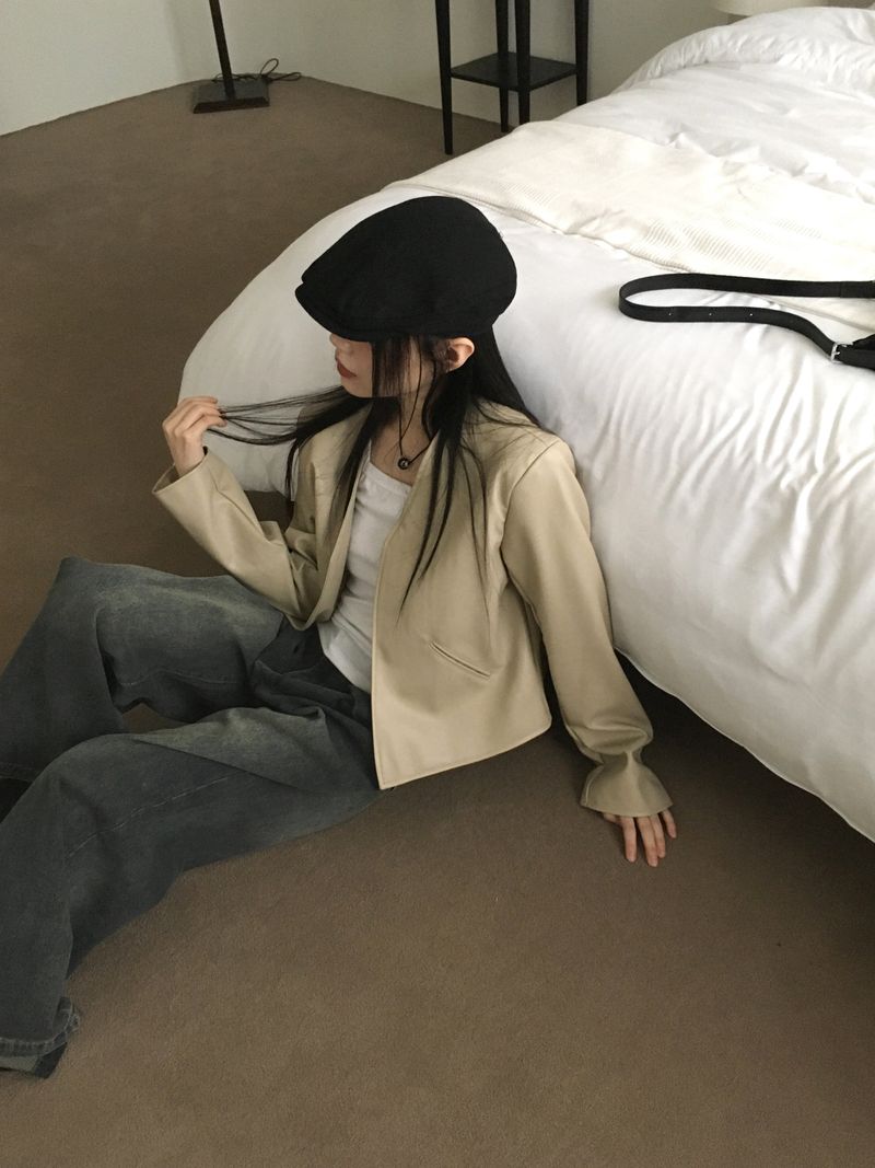 TF no-collar V short leather jacket