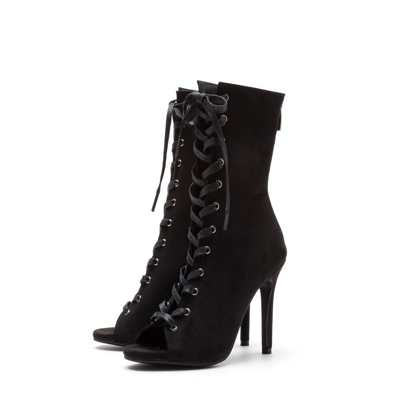 Suede Lace-Up Open Toe Heel(Black)