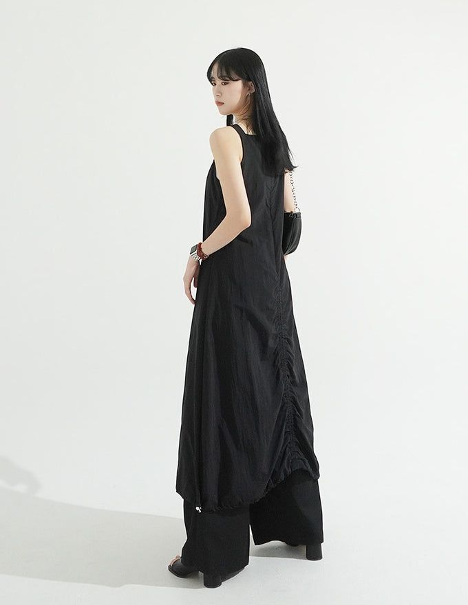 String Shirring Balloon Long Dress