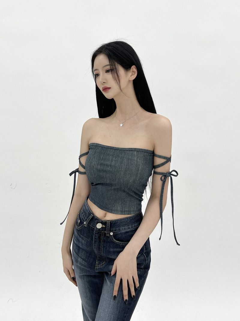 802. Denim free strap top (3color)