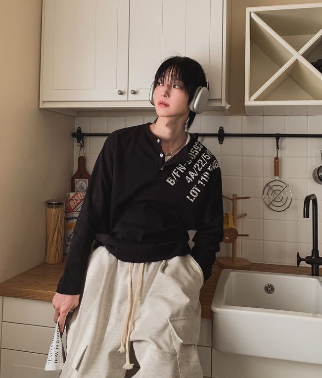 Devel Waffle Henley Neck Long Sleeve T-shirt