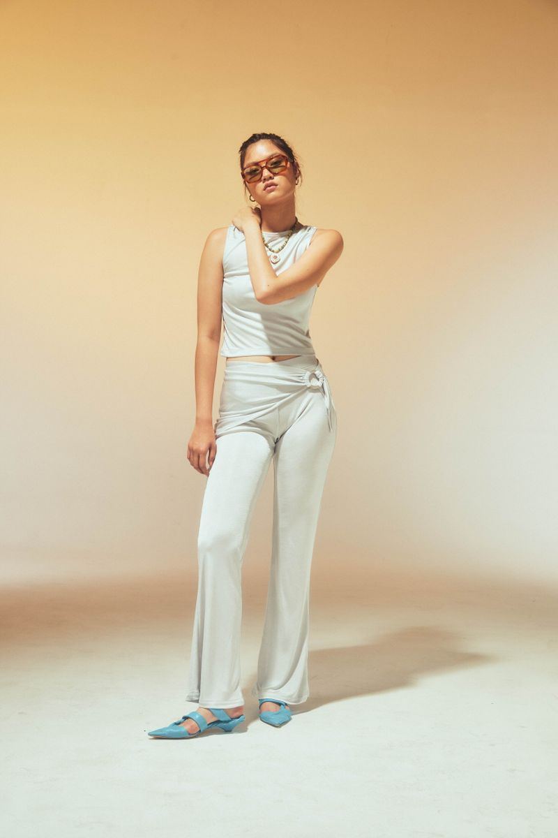 SILVER METAL BELT FLARED PANTS