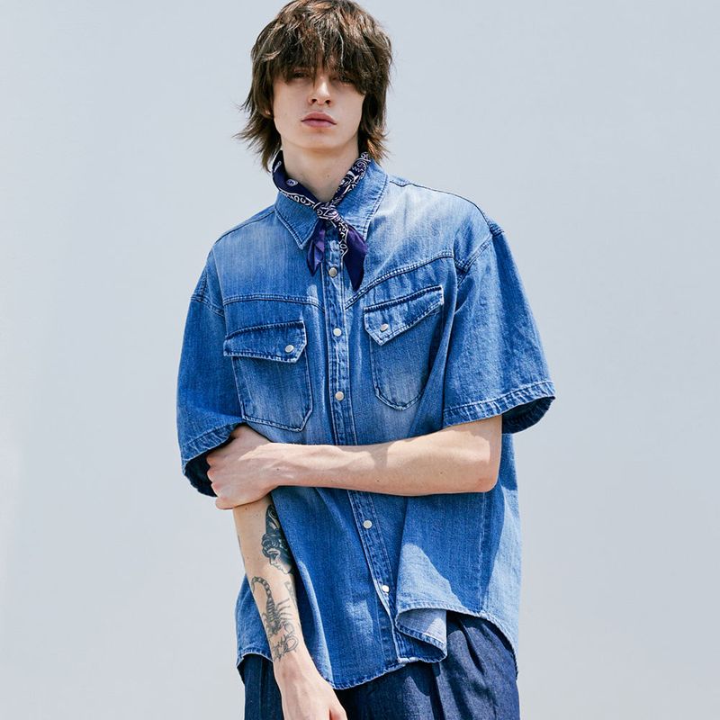 WASHED DENIM WESTERN SHIRT BLUE