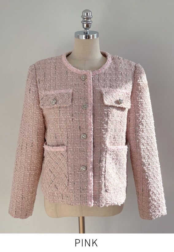 Lock color matching round pearl tweed jacket