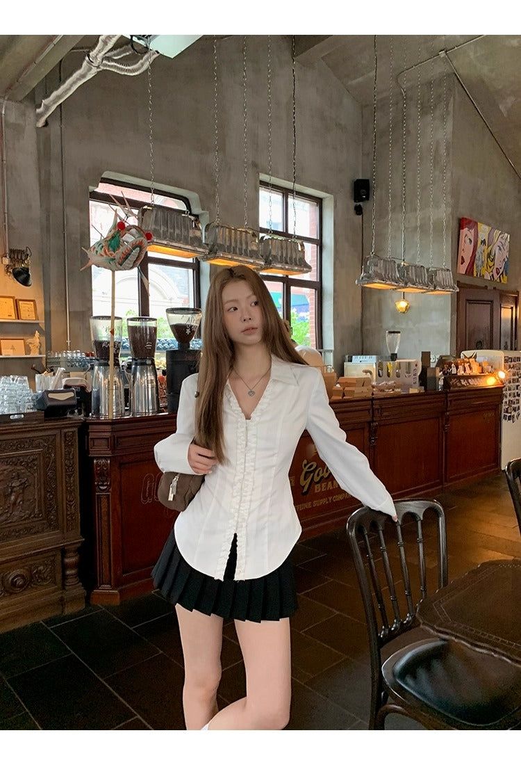 White V-neck Frill Style Long-Sleeved Shirt