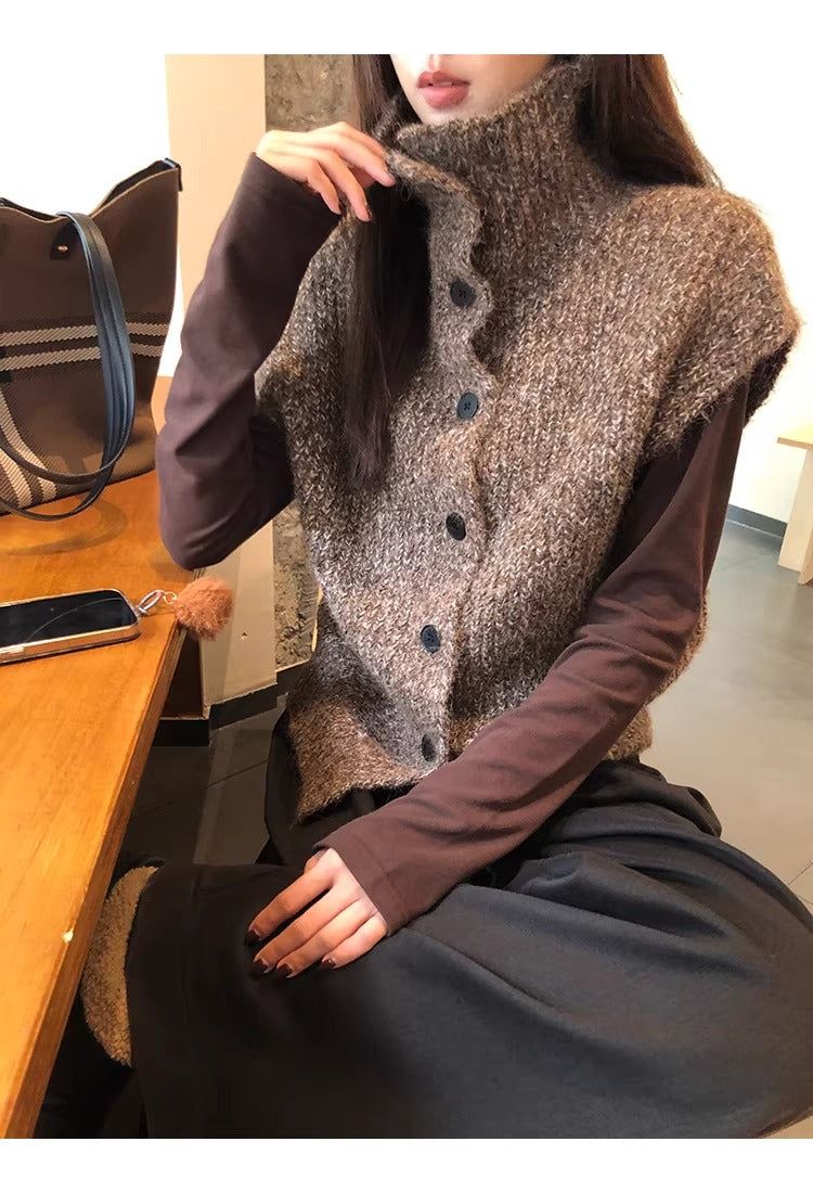 マルチカラータートルネックニットベスト