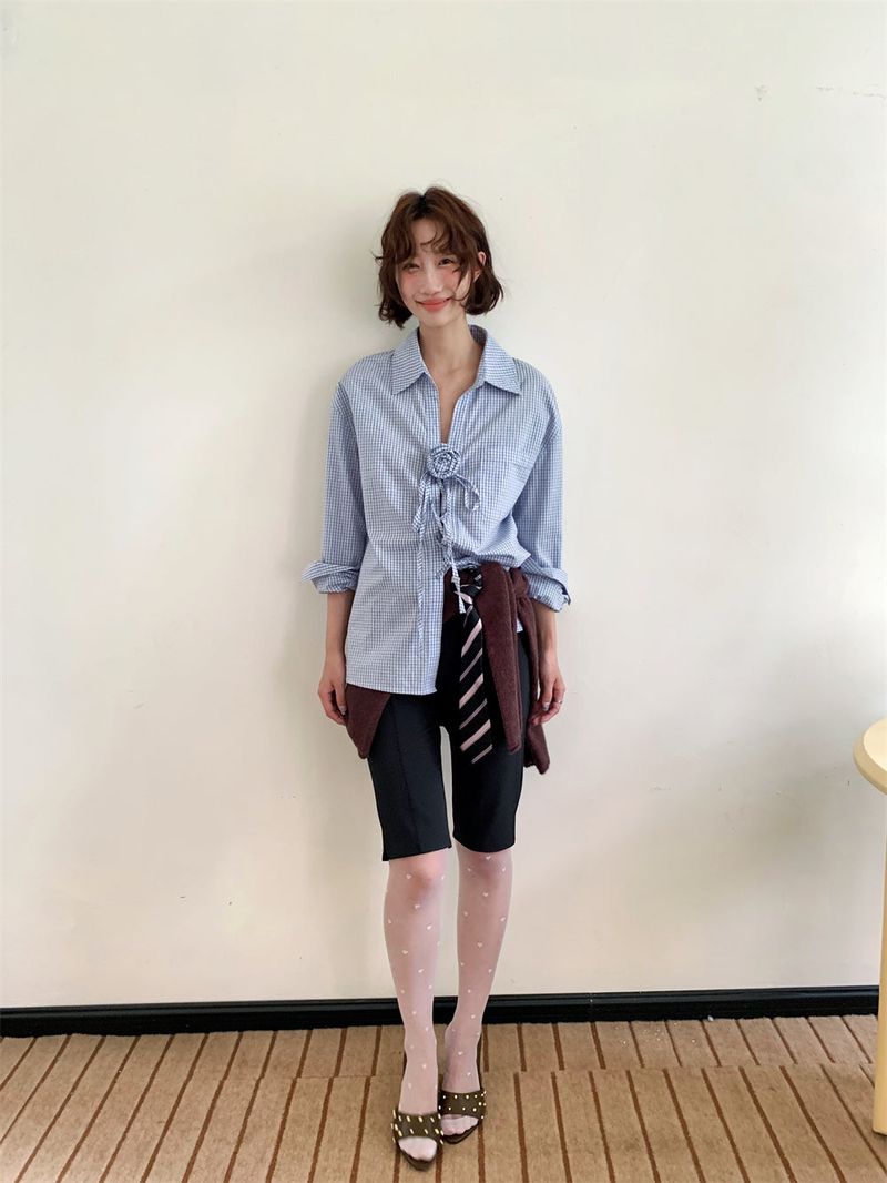 French Corsage Shirring Flower Tie Loose-Fit Check Shirt