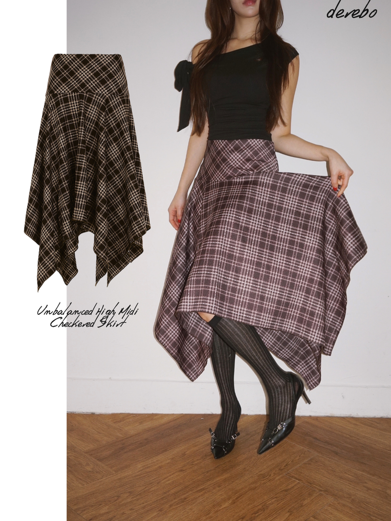 Unbalanced High Midi Checkered Skirt